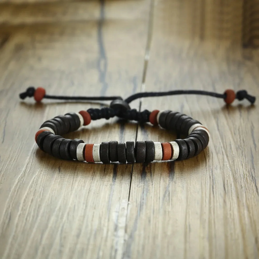 Casual Men's Wood Beads Bracelet Surfer Bohemian Stacking Bangle Tribal Chic Jewelry Drawstring Festival Boho Gypsy Accessories