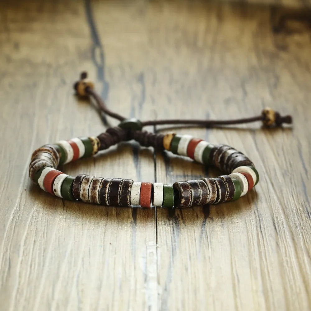 Casual Men's Wood Beads Bracelet Surfer Bohemian Stacking Bangle Tribal Chic Jewelry Drawstring Festival Boho Gypsy Accessories
