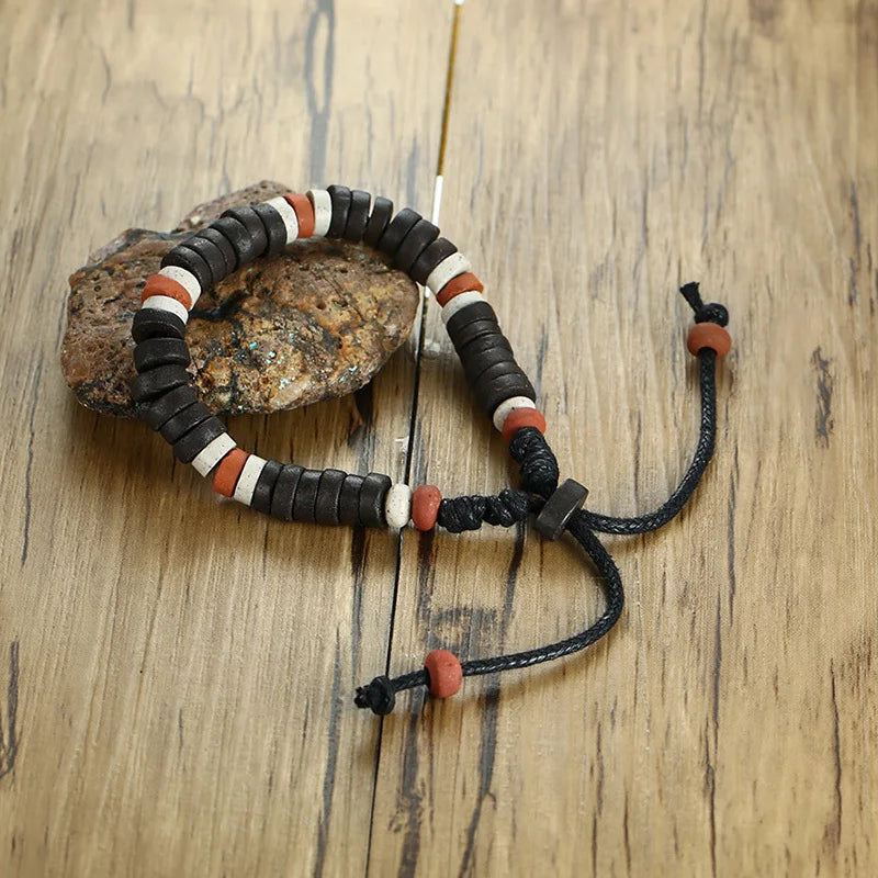 Casual Men's Wood Beads Bracelet Surfer Bohemian Stacking Bangle Tribal Chic Jewelry Drawstring Festival Boho Gypsy Accessories