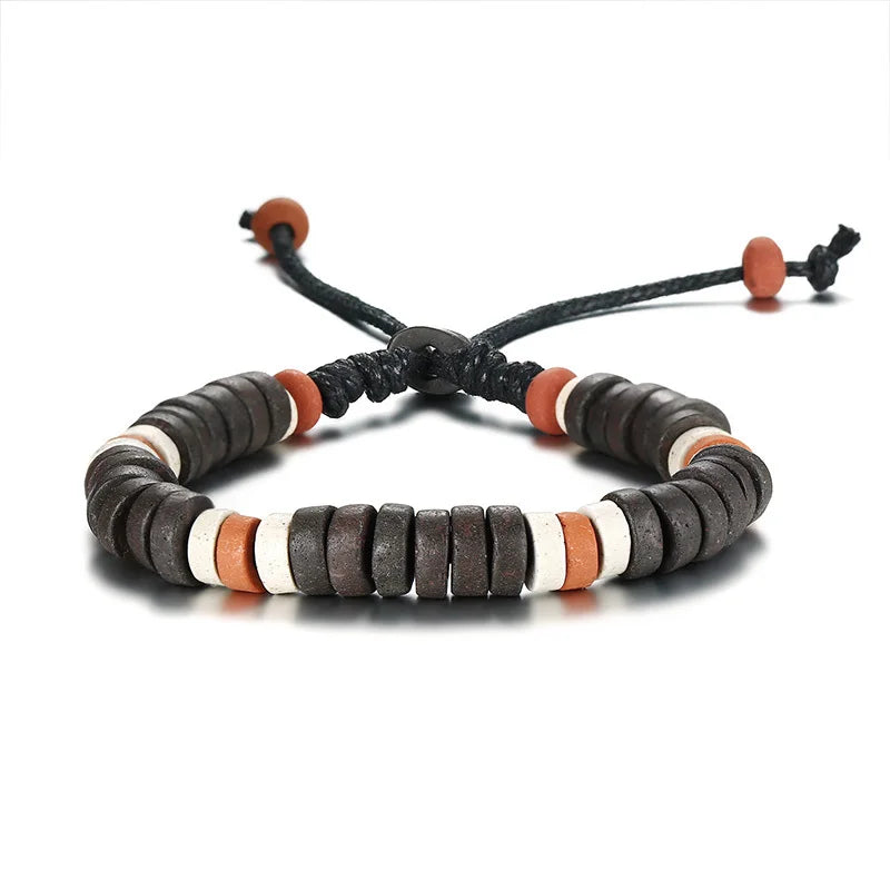 Casual Men's Wood Beads Bracelet Surfer Bohemian Stacking Bangle Tribal Chic Jewelry Drawstring Festival Boho Gypsy Accessories