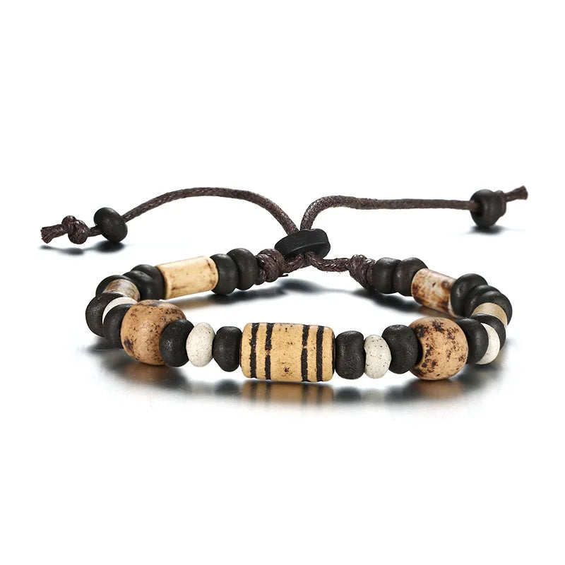 Casual Men's Wood Beads Bracelet Surfer Bohemian Stacking Bangle Tribal Chic Jewelry Drawstring Festival Boho Gypsy Accessories