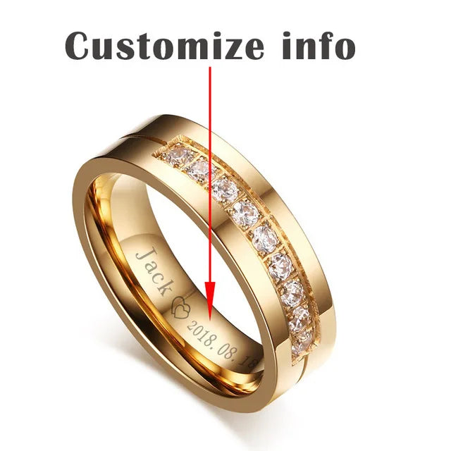 Bling CZ Stone Wedding Bands Rings for Women Men Gold Tone Stainless Steel Promise Love Anillo Alianca Bijoux Customized Engrave