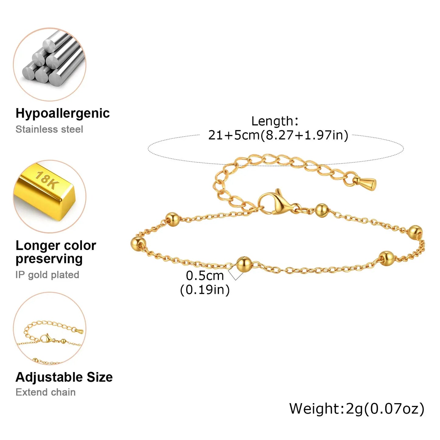 Boho Beaded Ball Ankle Chain Bracelets for Women, Gold Plated Stainless Steel Anklet, Summer Beach Waterproof Foot Jewelry Gift