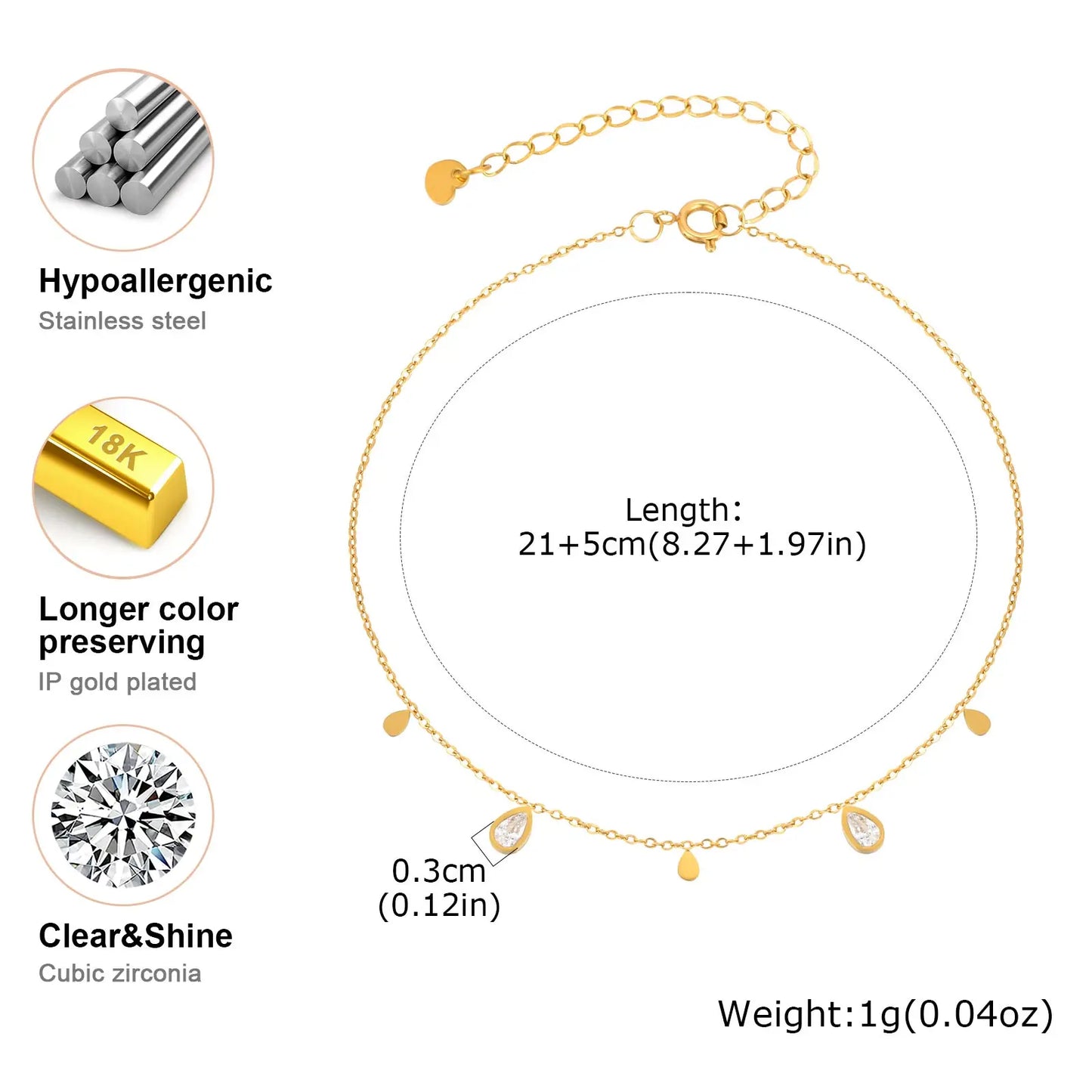 Stainless Steel Water Drop Zircon Anklet for Women
