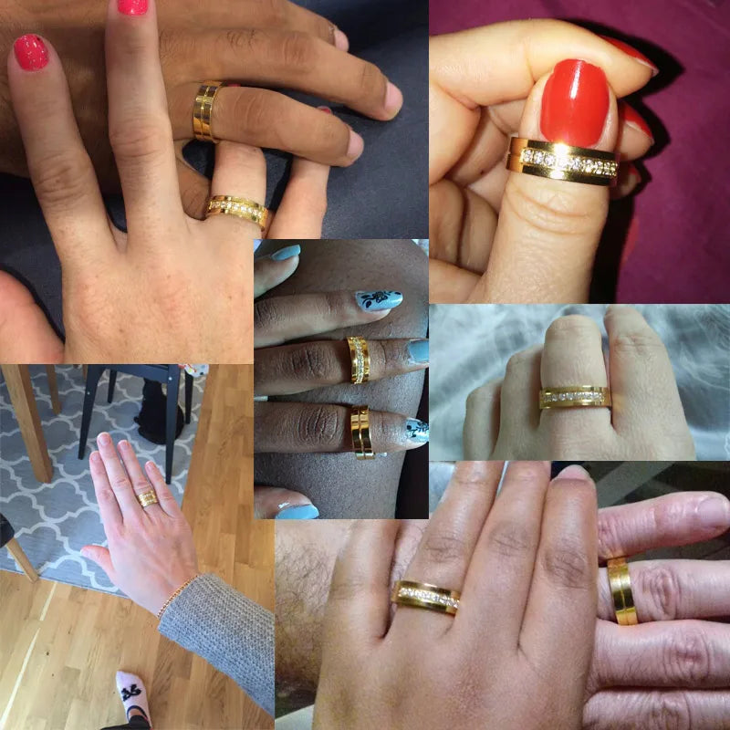Bling CZ Stone Wedding Bands Rings for Women Men Gold Tone Stainless Steel Promise Love Anillo Alianca Bijoux Customized Engrave