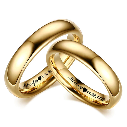 Smooth Stainless Steel Couple Rings Gold Color Simple 4MM Women Men Lovers Wedding Jewelry Engagement Gifts Personalized