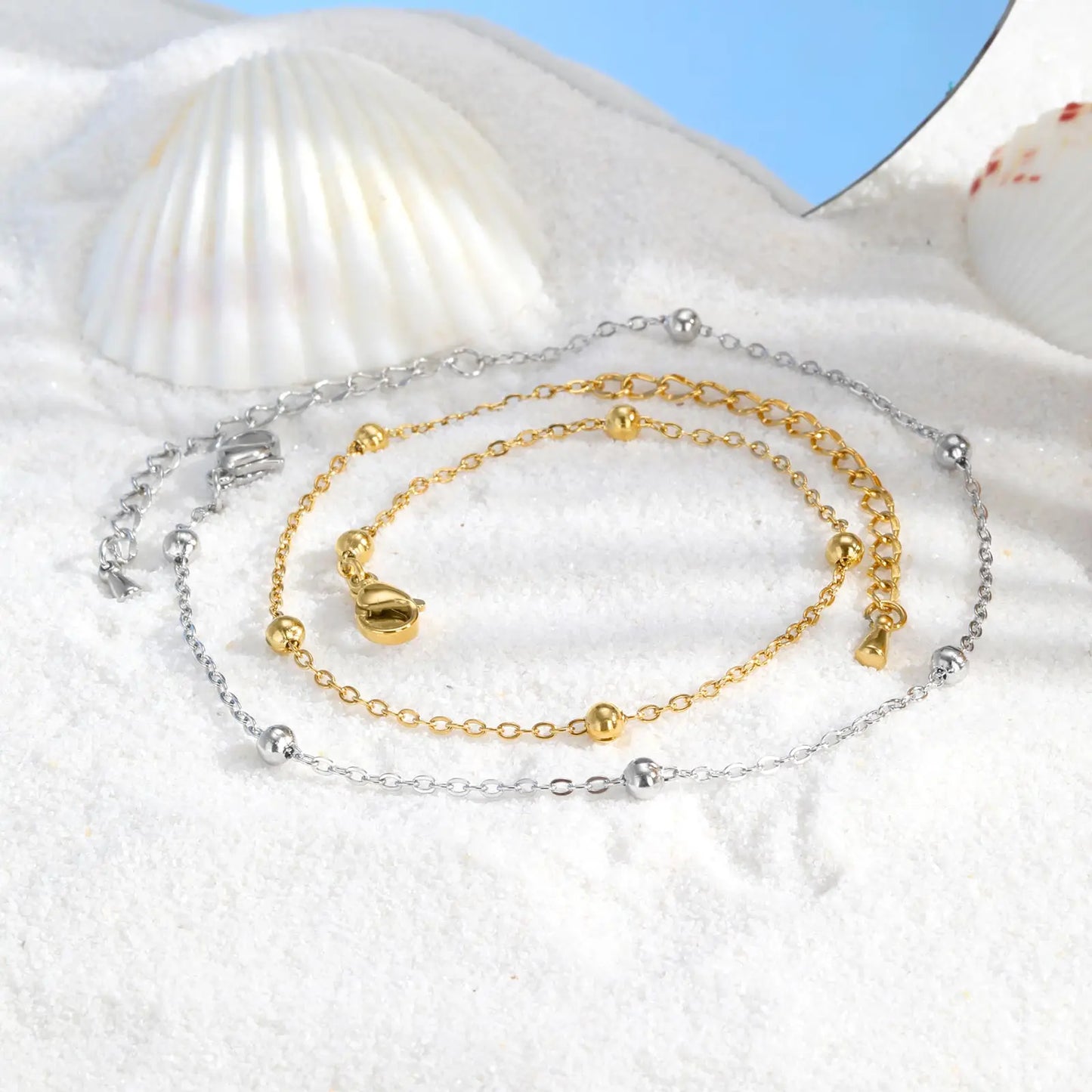 Boho Beaded Ball Ankle Chain Bracelets for Women, Gold Plated Stainless Steel Anklet, Summer Beach Waterproof Foot Jewelry Gift