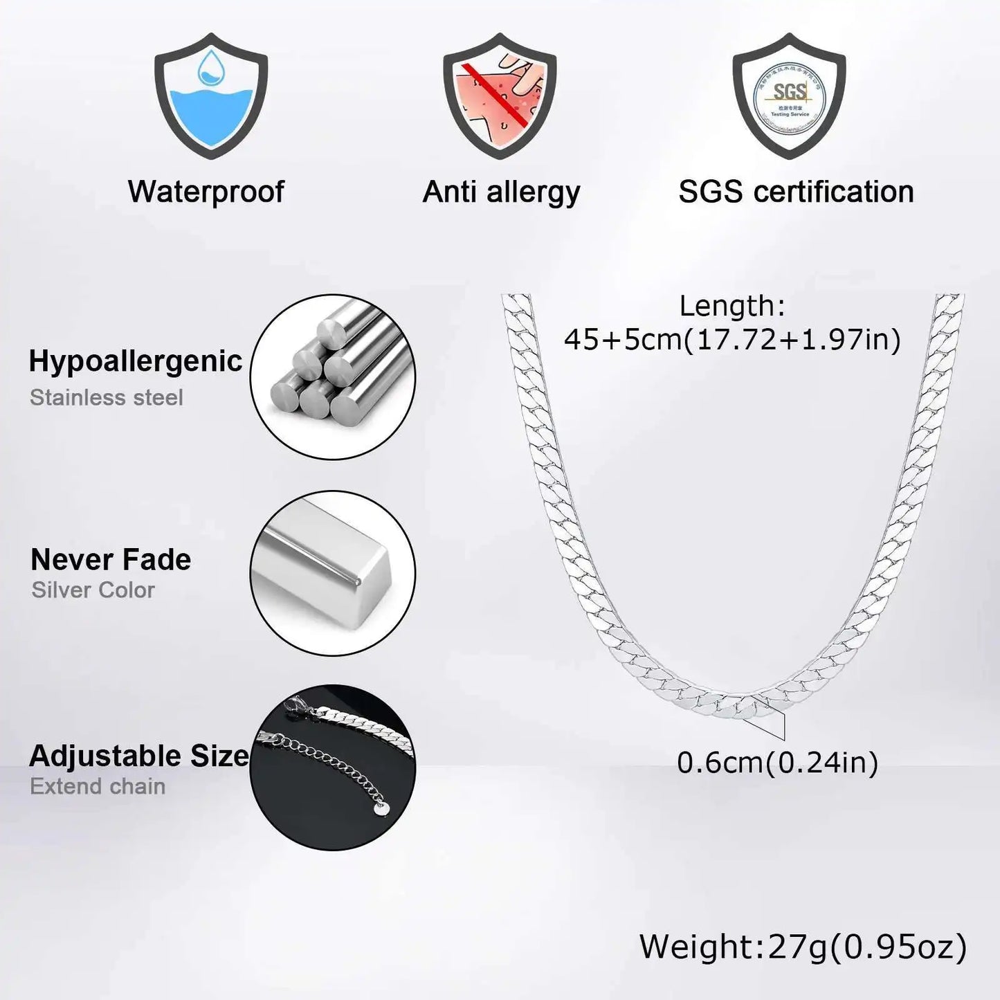 Prjewel Waterproof Stainless Steel Flat Cuban Chain Necklaces For Men Short Choker Collar Jewelry for Boy Boyfriend Father Gifts