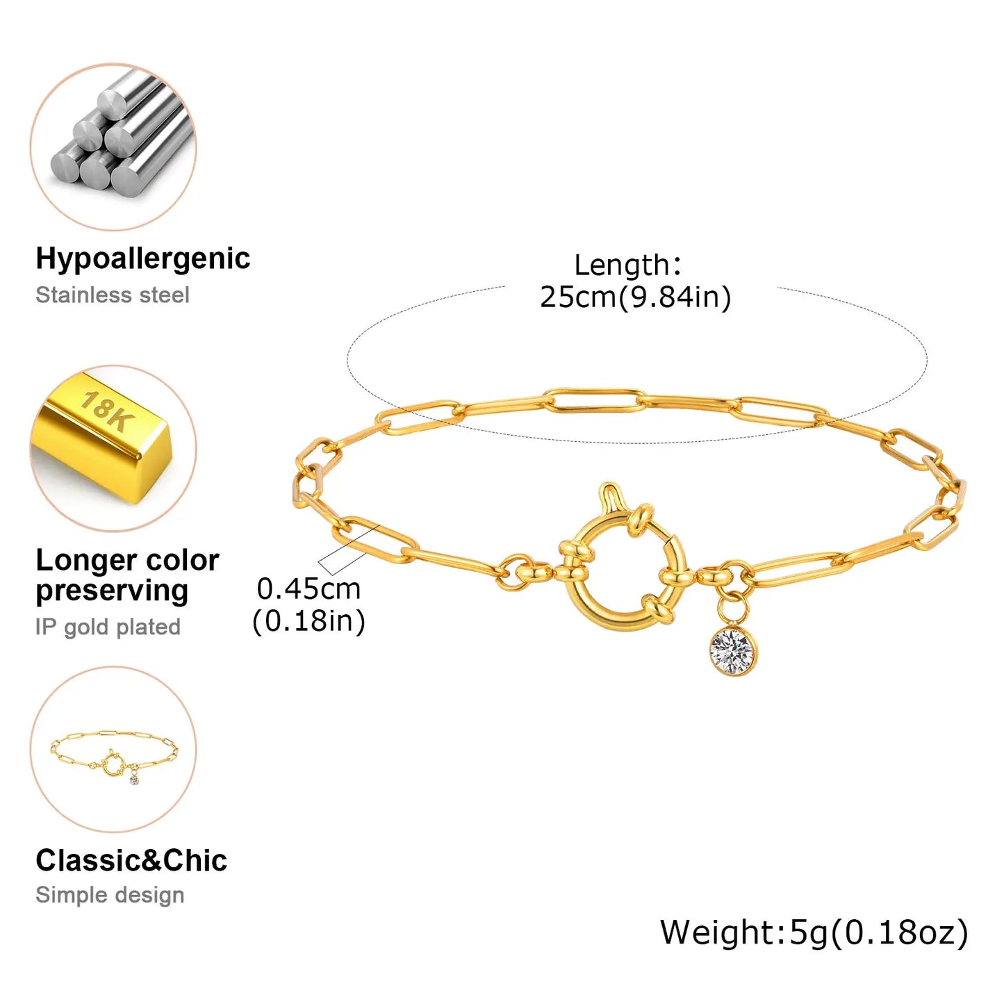 Spring Clasps Chain Ankle Bracelet For Women, Stainless Steel Paperclip Link Zircon Anklet, Waterproof Fashion Foot Jewelry Gift