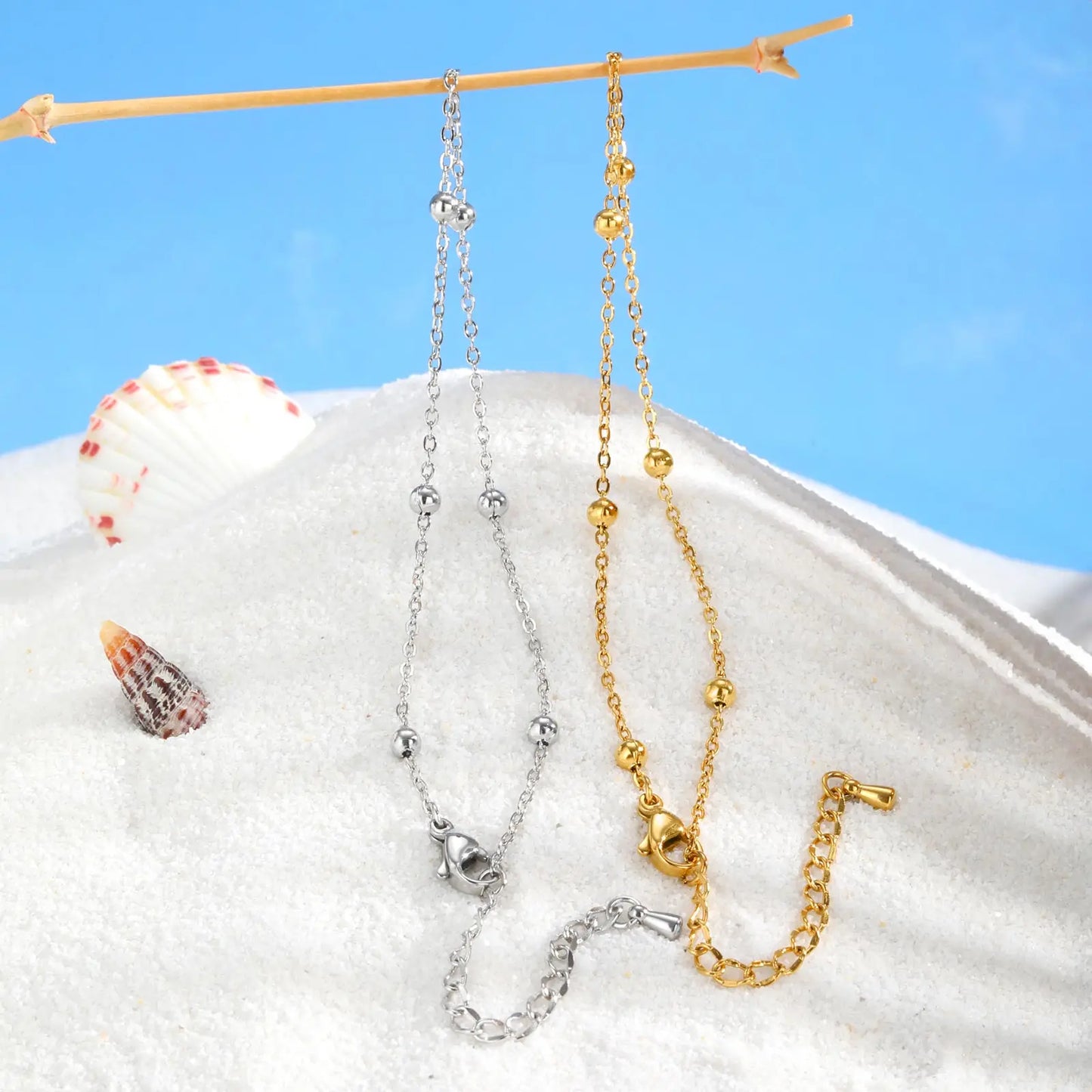 Boho Beaded Ball Ankle Chain Bracelets for Women, Gold Plated Stainless Steel Anklet, Summer Beach Waterproof Foot Jewelry Gift