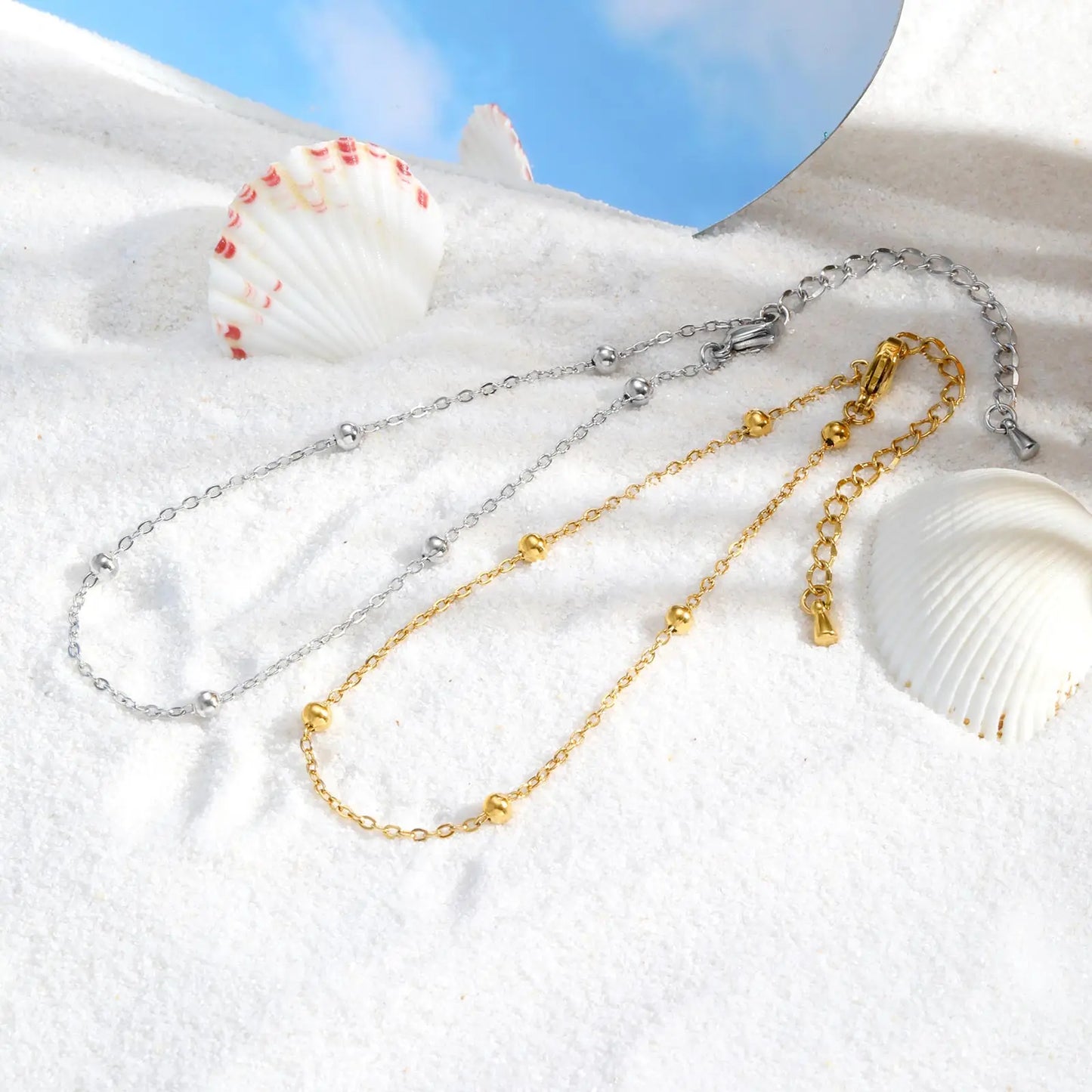 Boho Beaded Ball Ankle Chain Bracelets for Women, Gold Plated Stainless Steel Anklet, Summer Beach Waterproof Foot Jewelry Gift