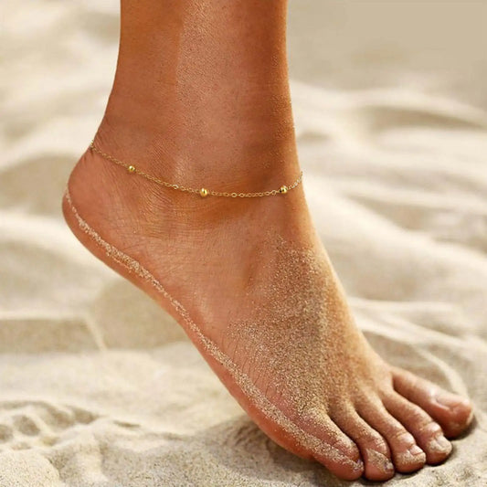 Boho Beaded Ball Ankle Chain Bracelets for Women, Gold Plated Stainless Steel Anklet, Summer Beach Waterproof Foot Jewelry Gift