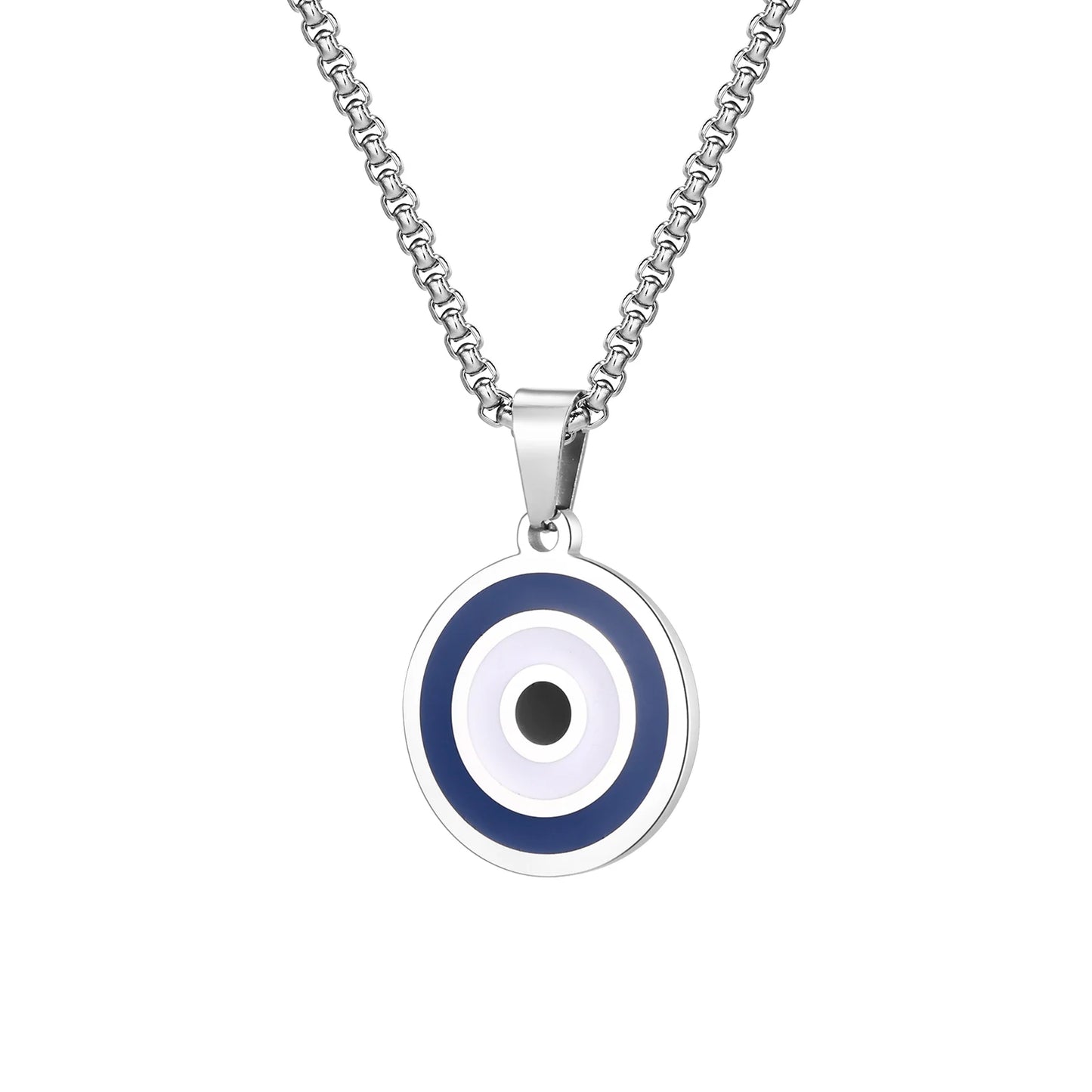 Evil Blue Eye Casual Pendant Necklaces for Men Stainless Steel Round Pendant with Chain Ethnic Turkish Collar Father's Day Gifts