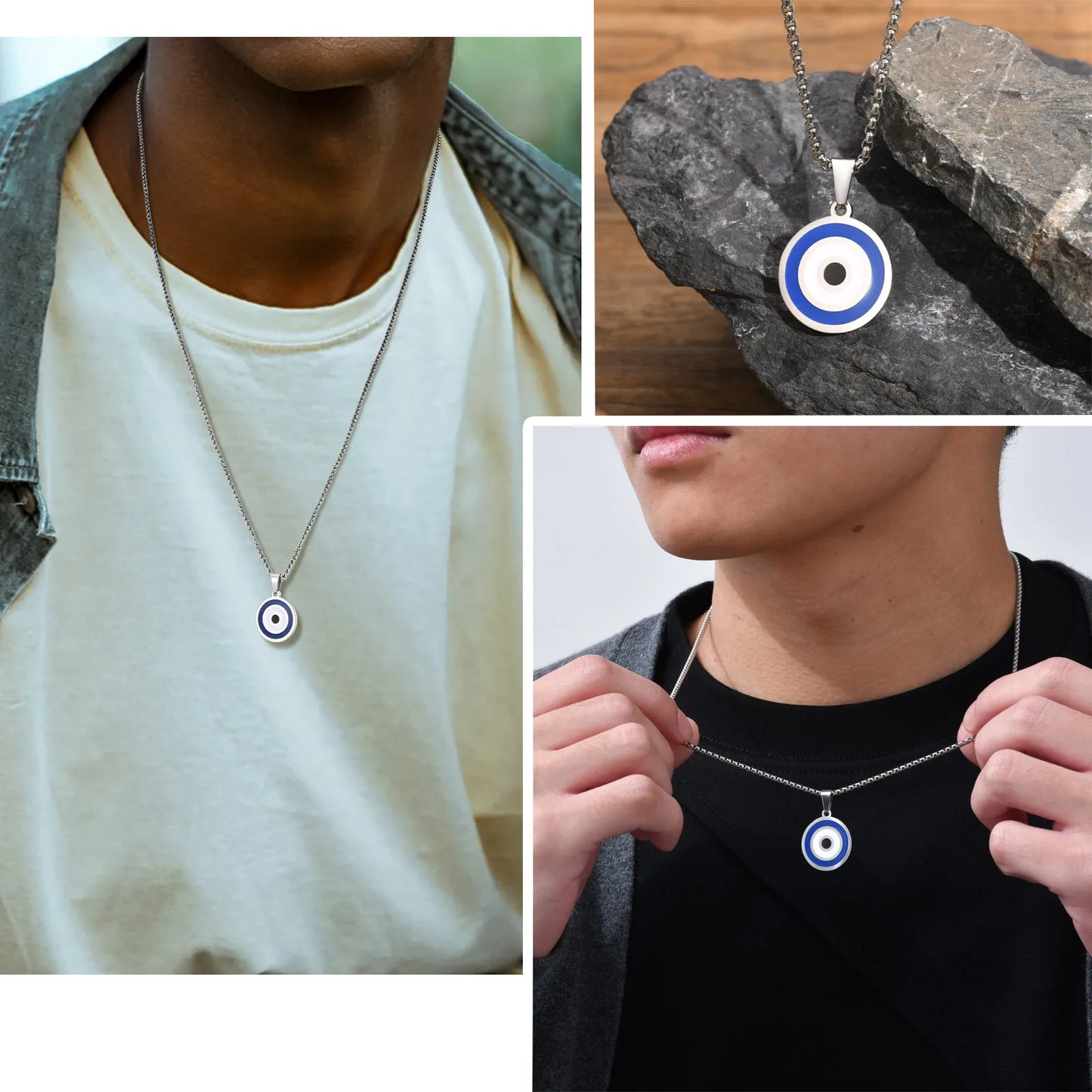 Evil Blue Eye Casual Pendant Necklaces for Men Stainless Steel Round Pendant with Chain Ethnic Turkish Collar Father's Day Gifts