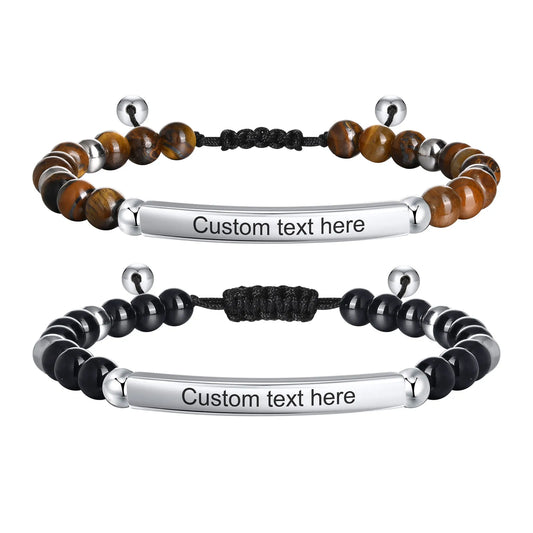 Prjewel Men's Braided Rope Chain Adjustable Bead Bracelets with Personalized Name Date Custom Engrave Stainless Steel Jewelry