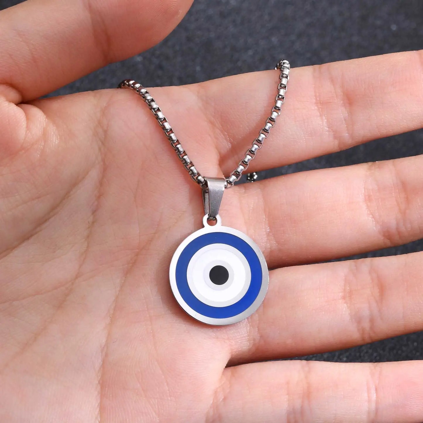 Evil Blue Eye Casual Pendant Necklaces for Men Stainless Steel Round Pendant with Chain Ethnic Turkish Collar Father's Day Gifts