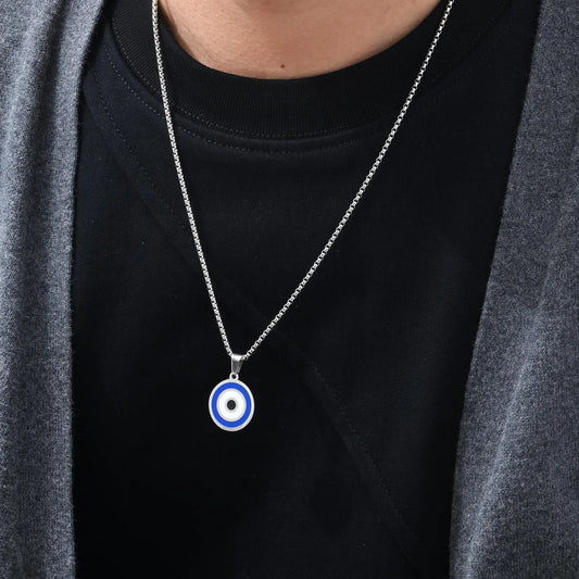 Evil Blue Eye Casual Pendant Necklaces for Men Stainless Steel Round Pendant with Chain Ethnic Turkish Collar Father's Day Gifts